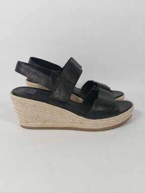 EILEEN FISHER 'Winnie' Black Leather Espadrille Wedge Sandals Women's Size 8